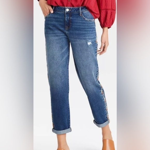 Knox Rose Midrise Straight Leg Blue Cotton Embroidered Side Striped Jeans Size 4 - Picture 16 of 16